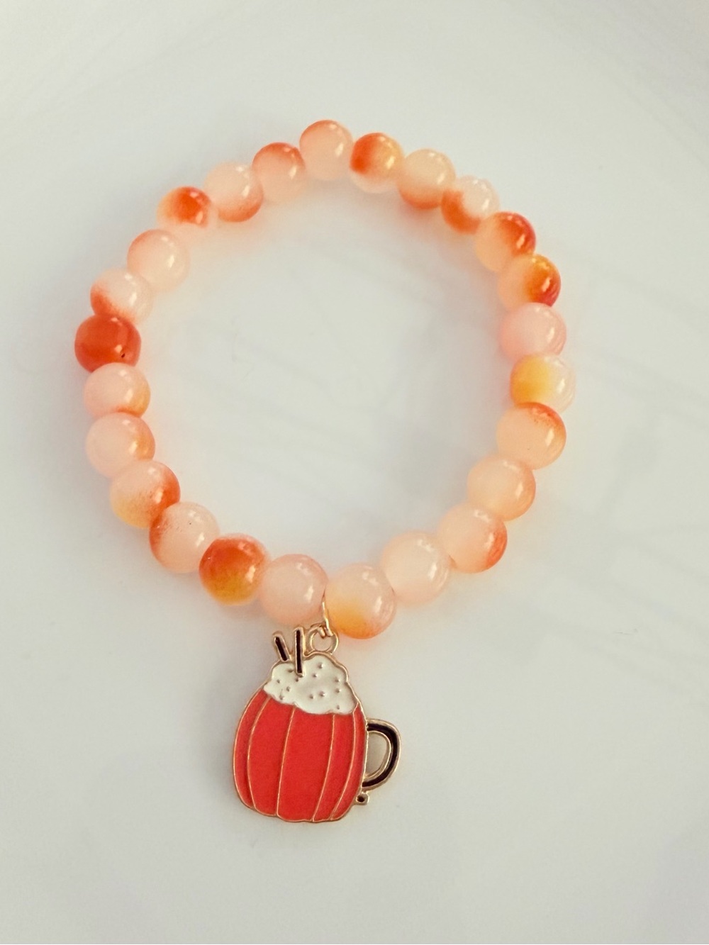 Beaded Stretch Bracelet with Pumpkin Spice Charm Handmade Resin Jewelry